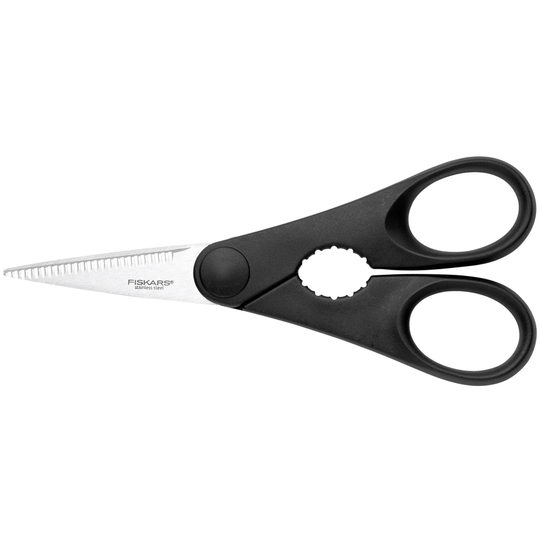 Fiskars Essential-keittiösakset pullonavaajalla